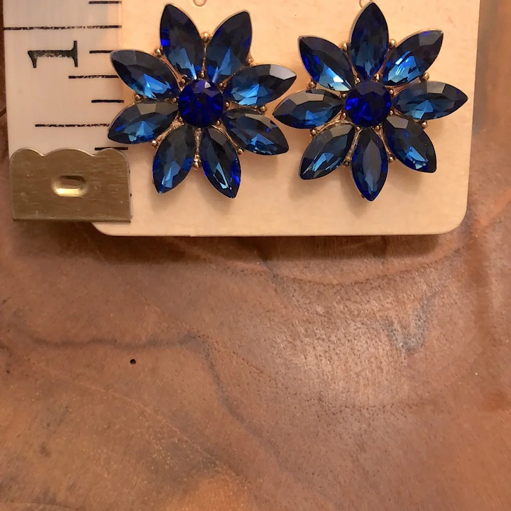 Sapphire Blue + Gold Crystal Flower Statement Earrings